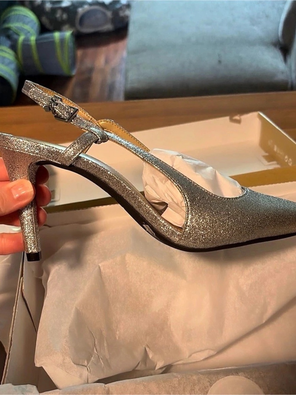 Michael Kors Alina Flex Glitter Chain-Mesh Slingback Pump Silver
